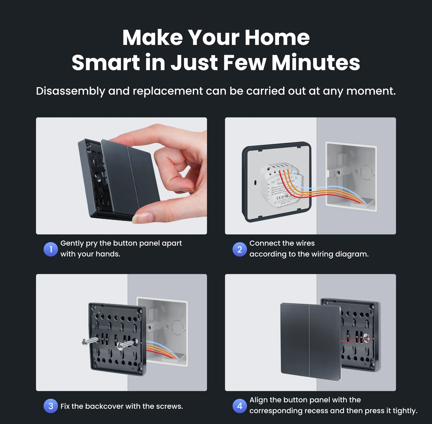 GIRIER Smart Lichtschalter WiFi Druckknopf Wandschalter Neutralleiter erforderlich 1/2/3/4 Gang Funktioniert mit Tuya Alexa Google Home.