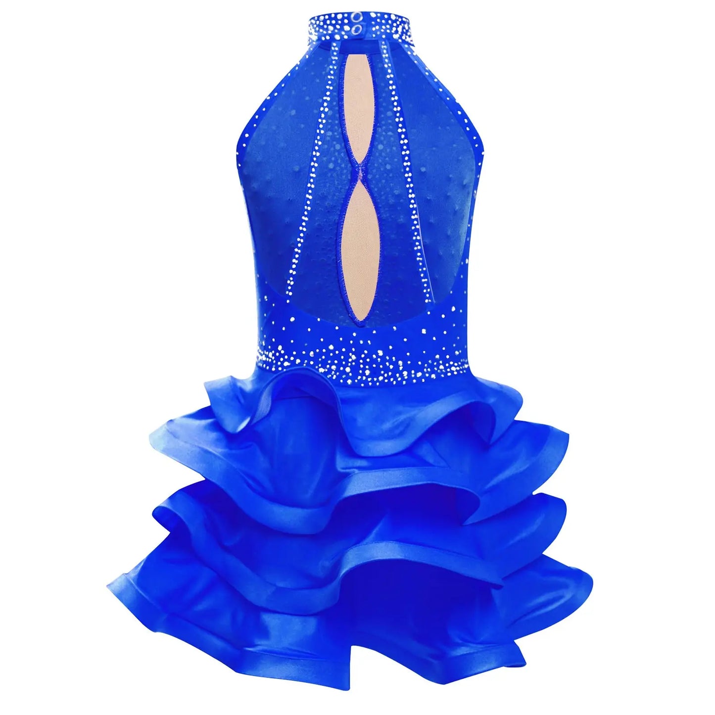 Eiskunstlauf-Kostüm für Teenager-Mädchen, lateinamerikanischer Tanz, Cha-Cha, Tango, Performance-Tanzbekleidung, ärmelloses, gestuftes Kleid mit Strasssteinen