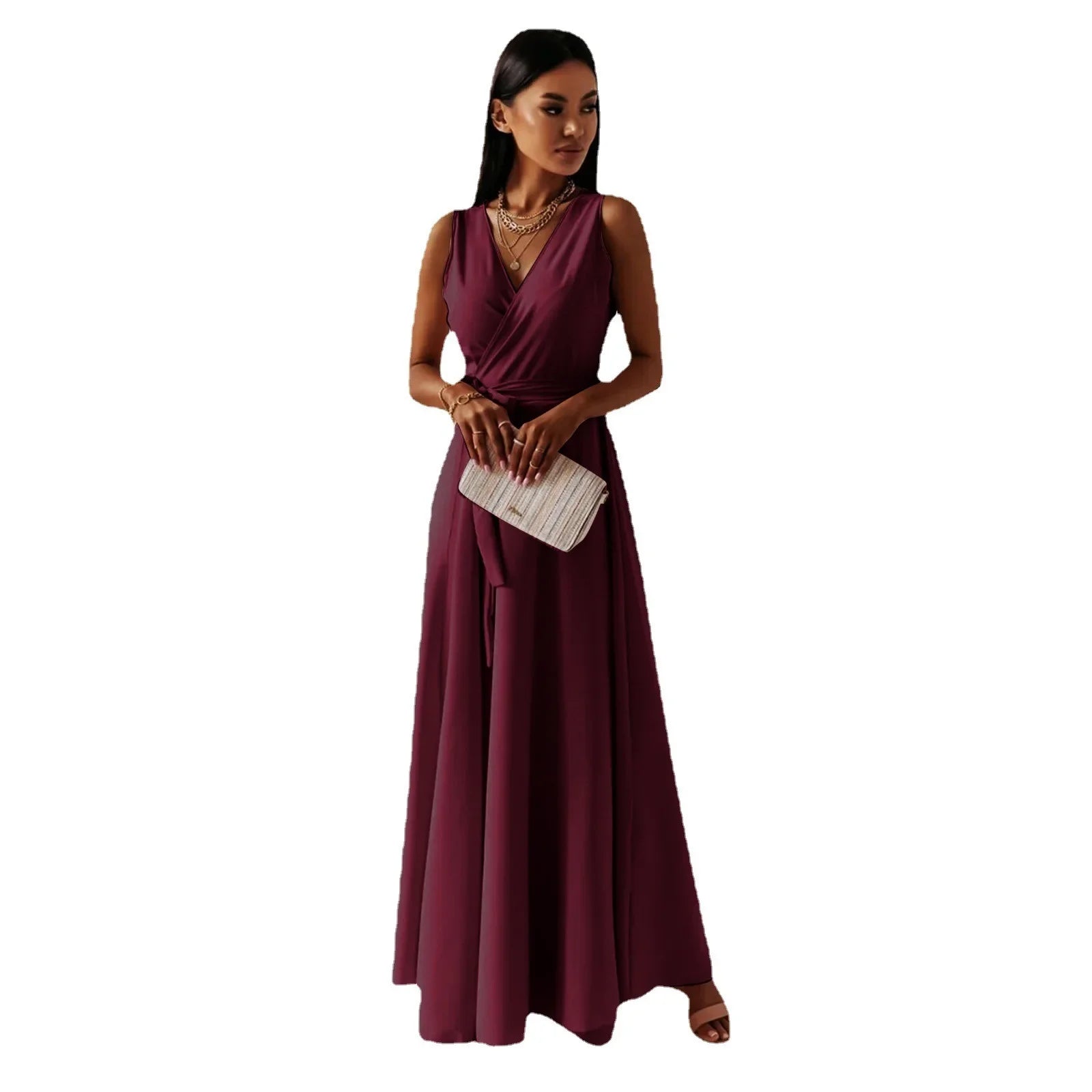Frühling Sommer Neue Stil frauen Lange V-ausschnitt Kleid Reine Farbe Maxi Kleid Ärmelloses Empire-Taille Kleid für Damen Modische.