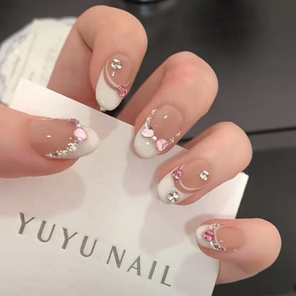 10Pcs White French Pink Heart Diamond Manicure Art Gentle Sweet Short Oval Artificial Wearing Nails Patch Full Cover Press Ons.