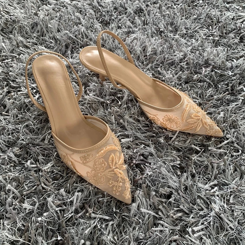 Luxury Brand High Heels Women Sandals Mesh Embroider Elegant Pointed Ladies Slingback Evening Party Wedding Bridal Dress Shoes.