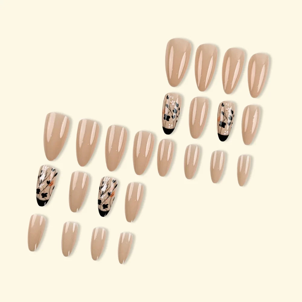 24pcs/set Medium long square fake nails for women girls cute heart flowers feather butterfly design press on false nail art tips.
