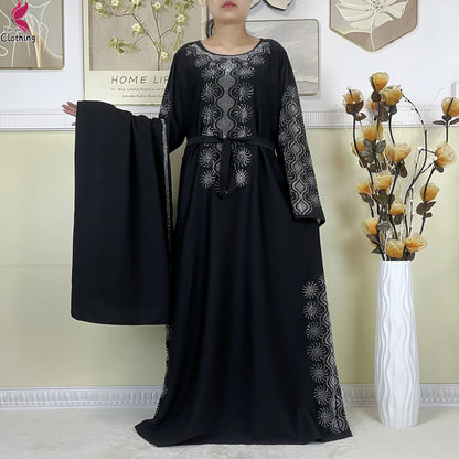 2025New High-Quality Dubai Muslim Abaya for Women Dress Islamic Turkey Femme Clothing Long Sleeve Loose African Dress With Scarf