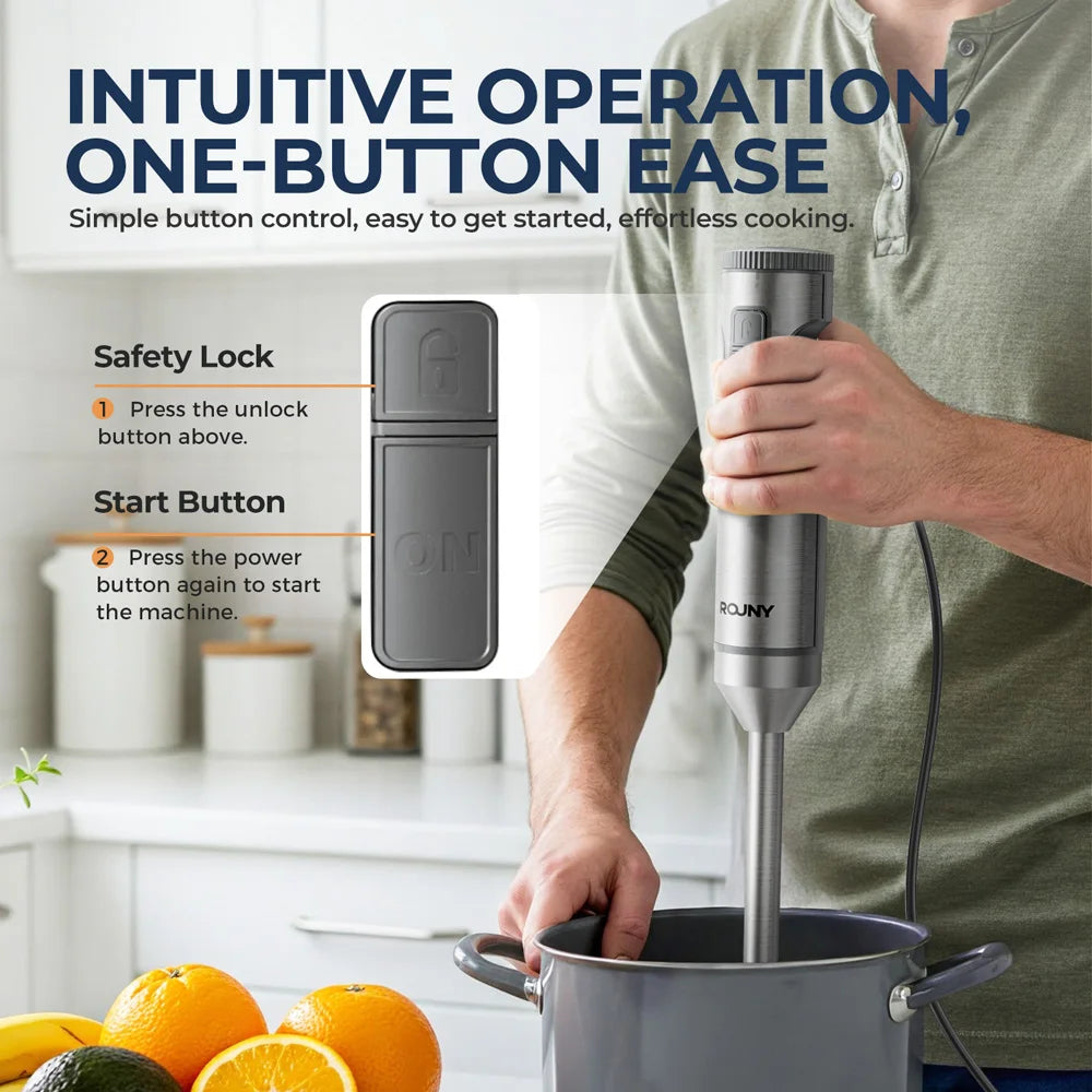 ROUNY 4-in-1 Hand Immersion Blender 1000W Powerful, Stainless Steel Stick Food Mixer,700ml Mixing Beaker,500ml Processor, Whisk.