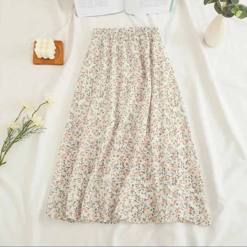 Gidyq Women Chiffon Midi Skirt Korean Fashion Floral Loose Skirts High Waist Female Casual All Match A Line Skirts Summer New.