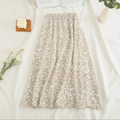 Gidyq Women Chiffon Midi Skirt Korean Fashion Floral Loose Skirts High Waist Female Casual All Match A Line Skirts Summer New.