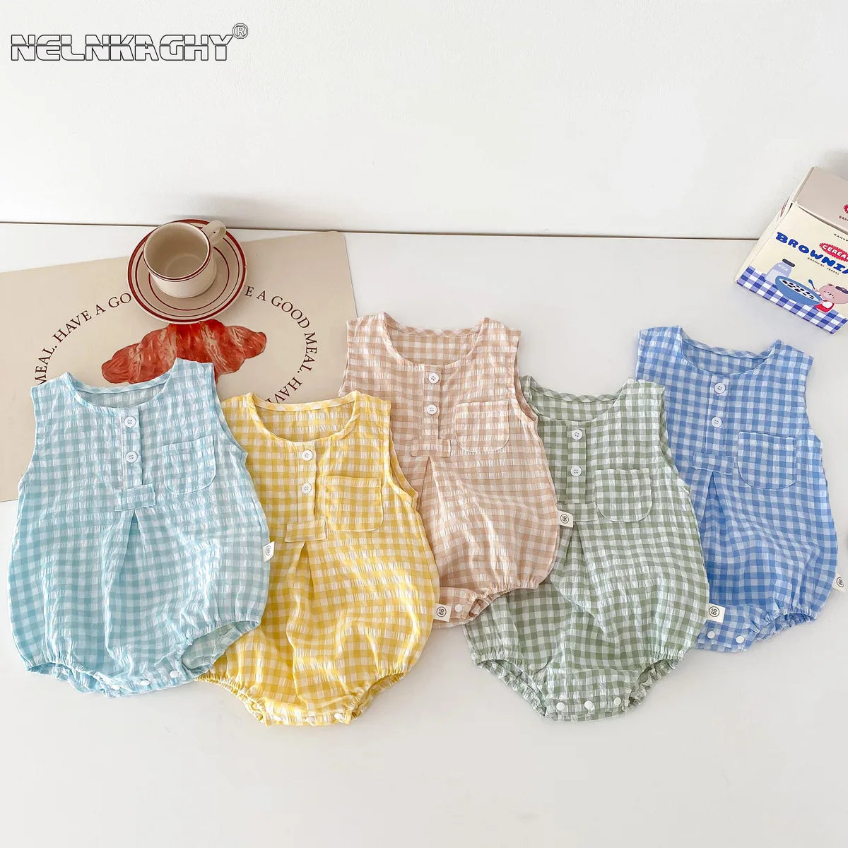 2024 sommer Neue in Kinder Baby Mädchen Jungen Nette Kleidung Säuglings Kleinkind Plaid Ärmellose Baumwolle Overalls Neugeborenen Bodys 0-24M.