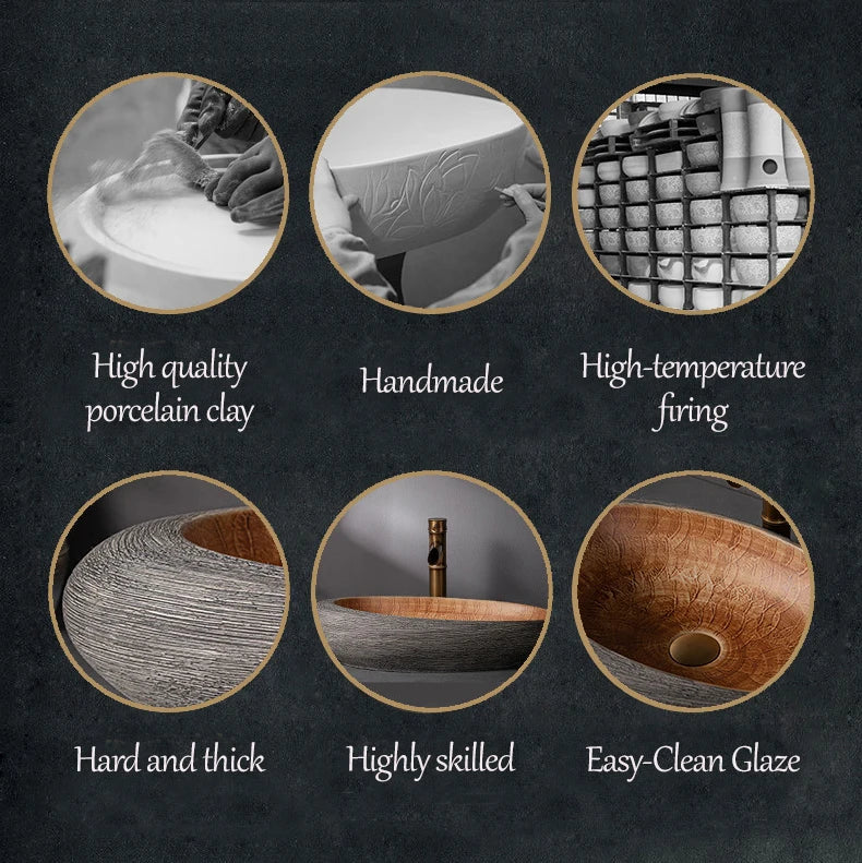 JIENI Art Keramik-Badezimmer-Waschbecken-Set, ovales Waschbecken, antikes Messing, Bambus-Wasserhahn, Pop-Up-Abfluss-Kombination, hochwertige Waschbecken aus Porzellan