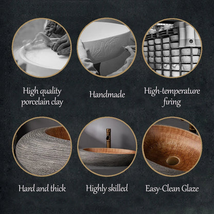 JIENI Art Keramik-Badezimmer-Waschbecken-Set, ovales Waschbecken, antikes Messing, Bambus-Wasserhahn, Pop-Up-Abfluss-Kombination, hochwertige Waschbecken aus Porzellan