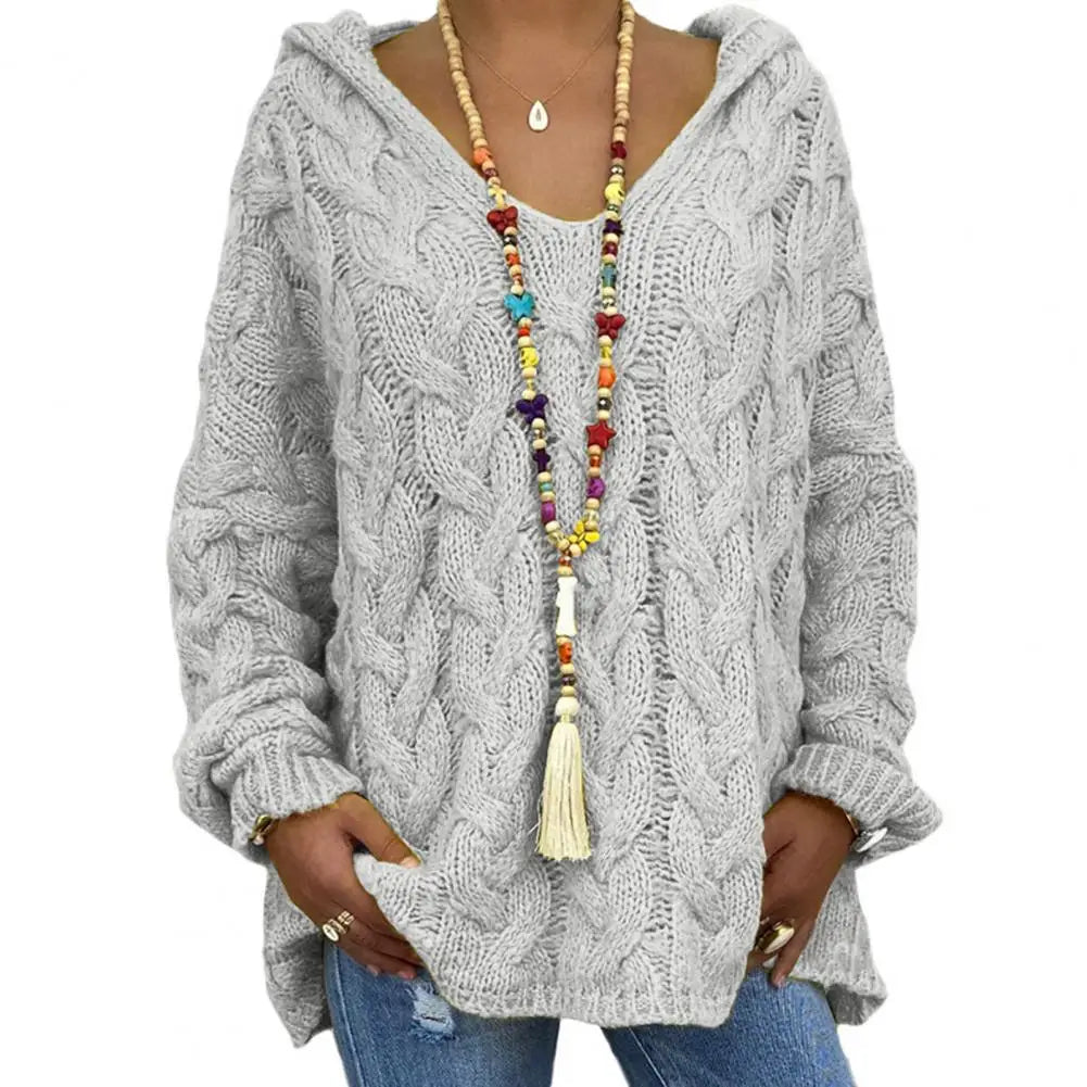Mit kapuze V-ausschnitt Mit Langen Ärmeln Twist Gestrickte Hoodie Herbst Winter Einfarbig Lose Pullover Jumper Weibliche Kleidung.