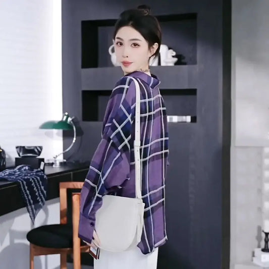 Elegant Twist Design Long Sleeve Shirt Polo Collar Checkered Slim Fit Versatile Top.