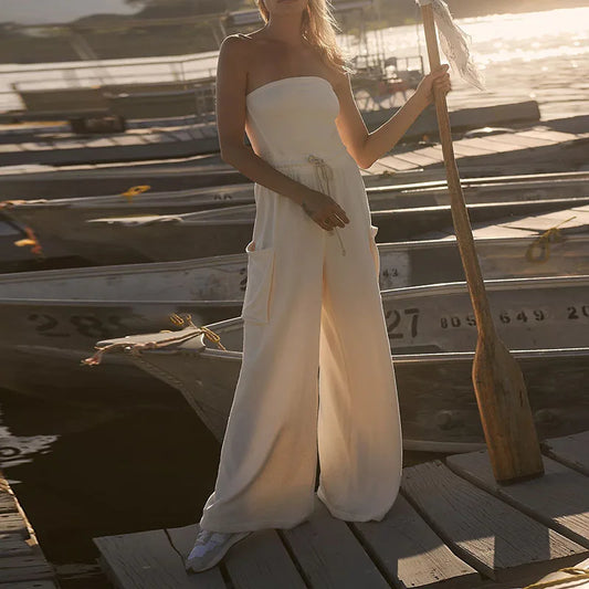 Stylish New Backless Sleeveless Commute Playsuits Women Tube Top Wide Leg Drawstring Rompers Elegant Solid Color Pocket Jumpsuit.