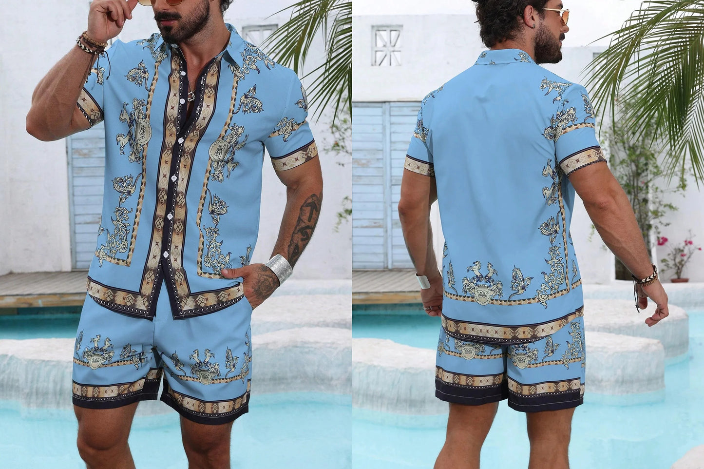 Baroque Luxury Printed Men's Shirt Shorts 2 Piece Set Summer Casual Shirt Hawaiian Beach Short-sleeved Men's Suits Clothing