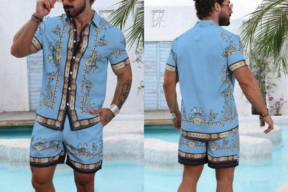 Baroque Luxury Printed Men's Shirt Shorts 2 Piece Set Summer Casual Shirt Hawaiian Beach Short-sleeved Men's Suits Clothing