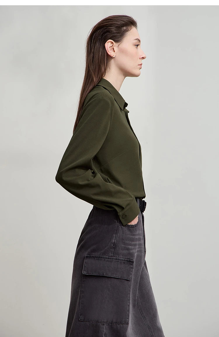 AMII Office Lady Shirt 2025 Autumn New Minimalism thick Long Sleeves Blouse Elastic Cotton Lapel Women's Clothing 12553079