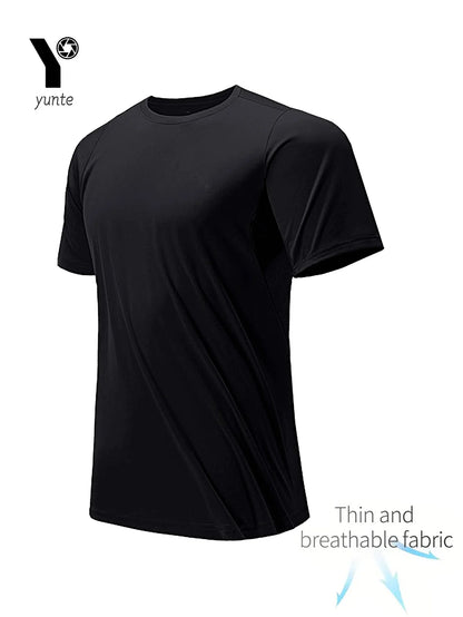 Round Neck T-Shirt 1 Piece Black Ultra-Light Men's Quick Drying Breathable Sweat-Absorbent Shirt Suitable for Fitness Gym and Ru.