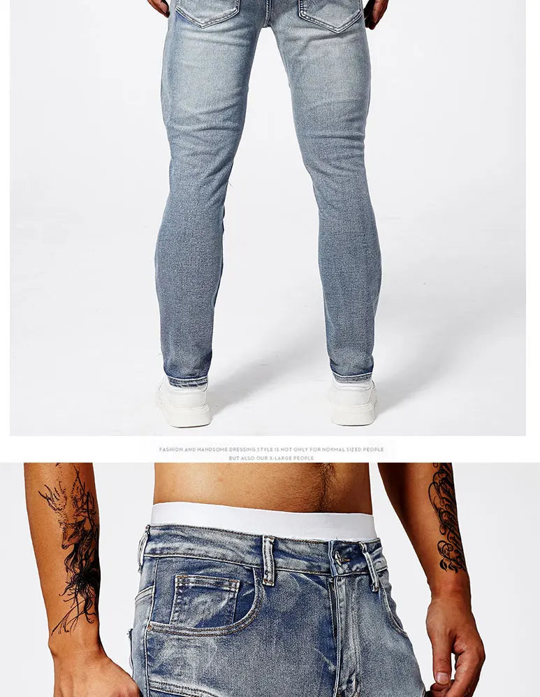 Two tone distressed patchwork jeans for men trendy jeans for summer thin straight leg pants slim fit small leg distressed jeans.