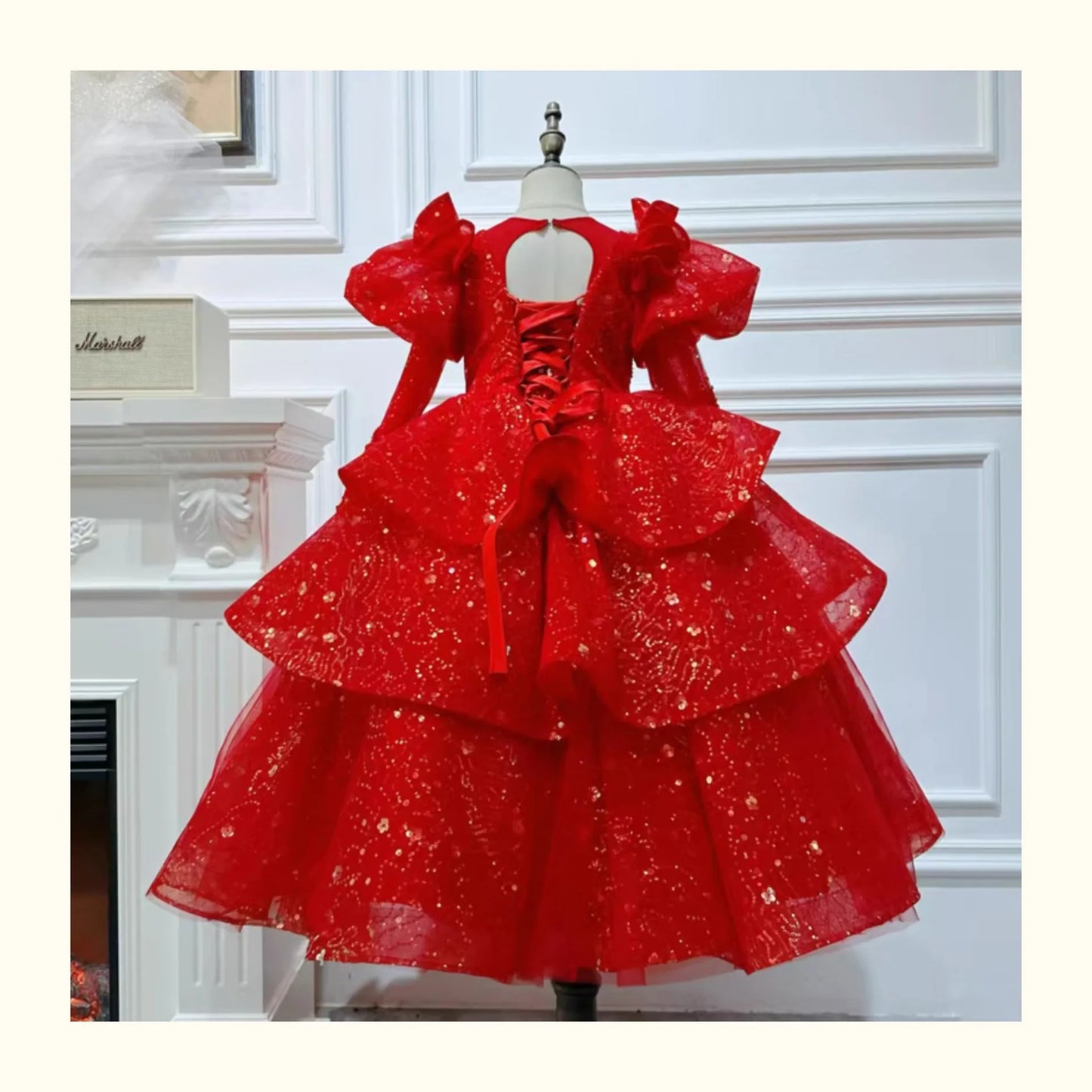 2025, Kinderkleid, Performance-Outfit, Mädchen, Blumenmädchen, Geburtstag, Prinzessinnenkleider, glitzernde Pailletten, bauschiges Kleid, rote Partykleidung für Kinder.