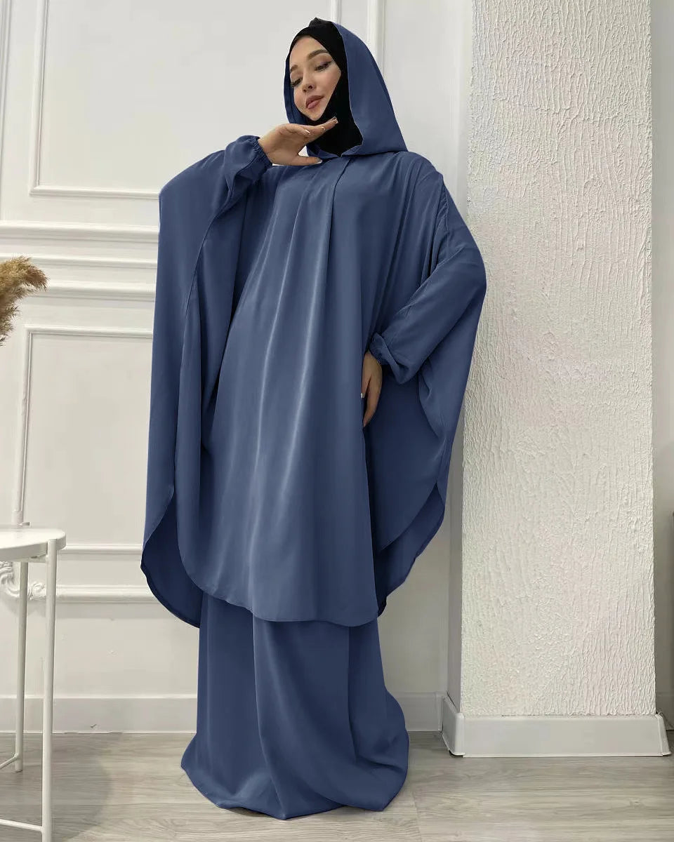 Eid Hooded Abaya 2 Piece Set Long Hijab Khimar Muslim Women Dress Prayer Jilbab Ramadan Gown Abayas Skirt Sets Islamic Clothes.