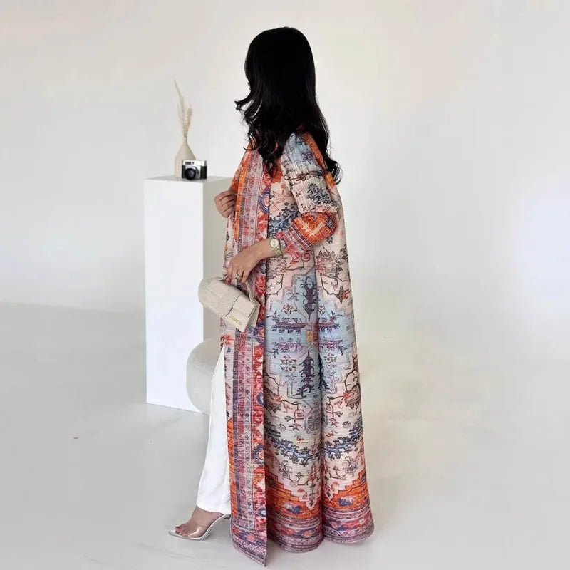 Abaya Miyake Pleated Printed Robe Jacket Arabian Dubai Style Women's Long Sleeve Conservative Demure Muslim Trench Coat 55inches