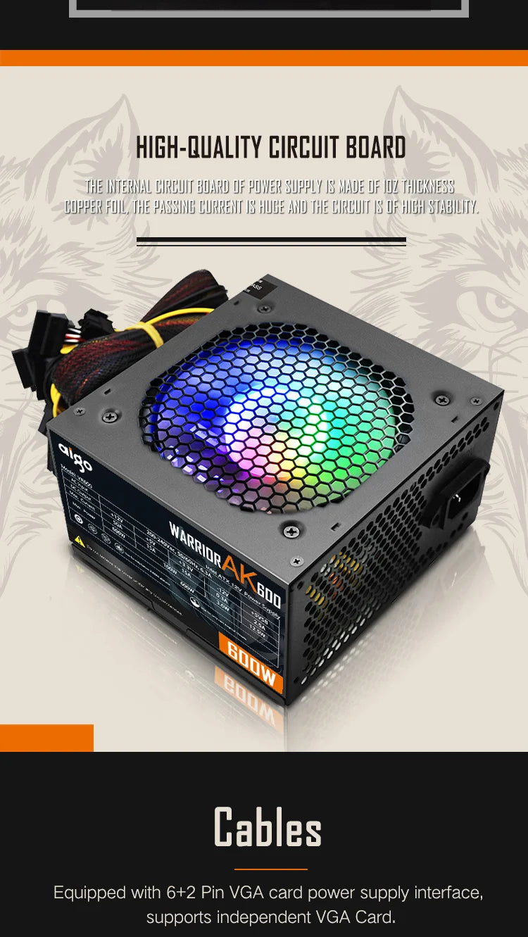 Aigo AK PC PSU Power Supply Unit 500W 600W 700W 800W 1000W Gaming 120mm RGB Fan 220V ATX Desktop computer Power Supply for BTC.