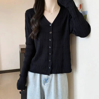 Women's Long-sleeved Button Cardigan Solid Color Casual Loose Fashion Top.