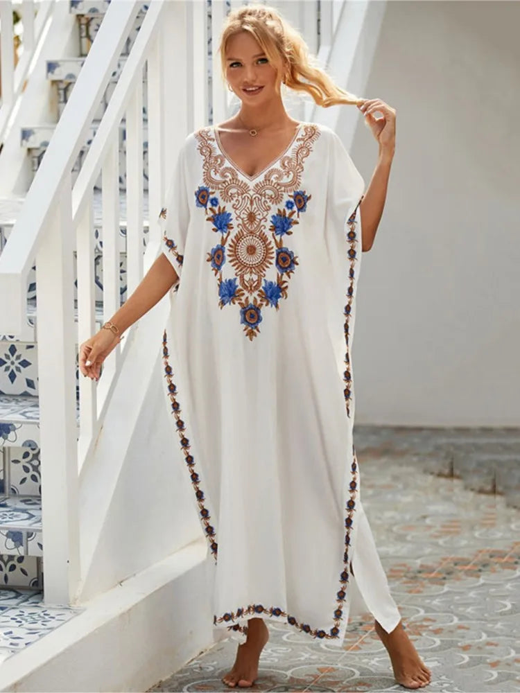 Women Embroidered Kaftan Dress Caftan Loungewear Long Bathing Suit Cover Up Beach Wear Vacation Outfit Loose Summer Women's Robe.