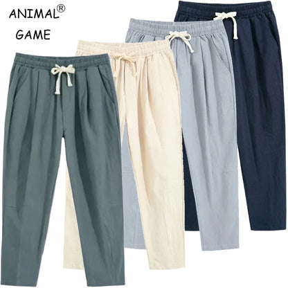 Mens Lightweight Cotton Pants Casual Solid Color Sweatpants Straight Drawstring Baggy Streetwear Breathable Ninth Pants.