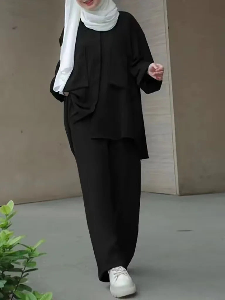 Frauen Casual Muslimischen Anzug Solide Abaya Eid Ramadan Langarm Bluse + Hosen 2-teiliges Set Dubai Türkei Kaftan Frauen islamische Kleidung.