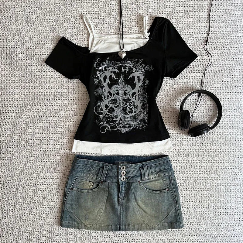 Women's 90s Vintage Punk T-Shirt Summer Streetwear Sexy Short Sleeve Gothic Slim Crop Top Hotgirl Casual Femme Tee Harajuku Y2k.