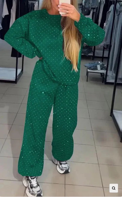 Fall Winter Rhinestone Shiny Loose Fit Set Women O Neck Sweatshirt Pullover Tie-up Pants Tracksuit Retro Loose Sport 2 Pice Set.