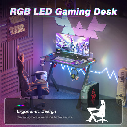 100 cm/120 cm RGB-Gaming-Schreibtisch, Computertisch mit LED-Leuchten und Getränkehalter