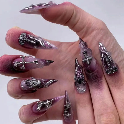 Halloween Cool Spice Style Spider Skull False Nails Purple Halo Dyeing Detachable Finished Fake Nails Press on Nail with Glue.