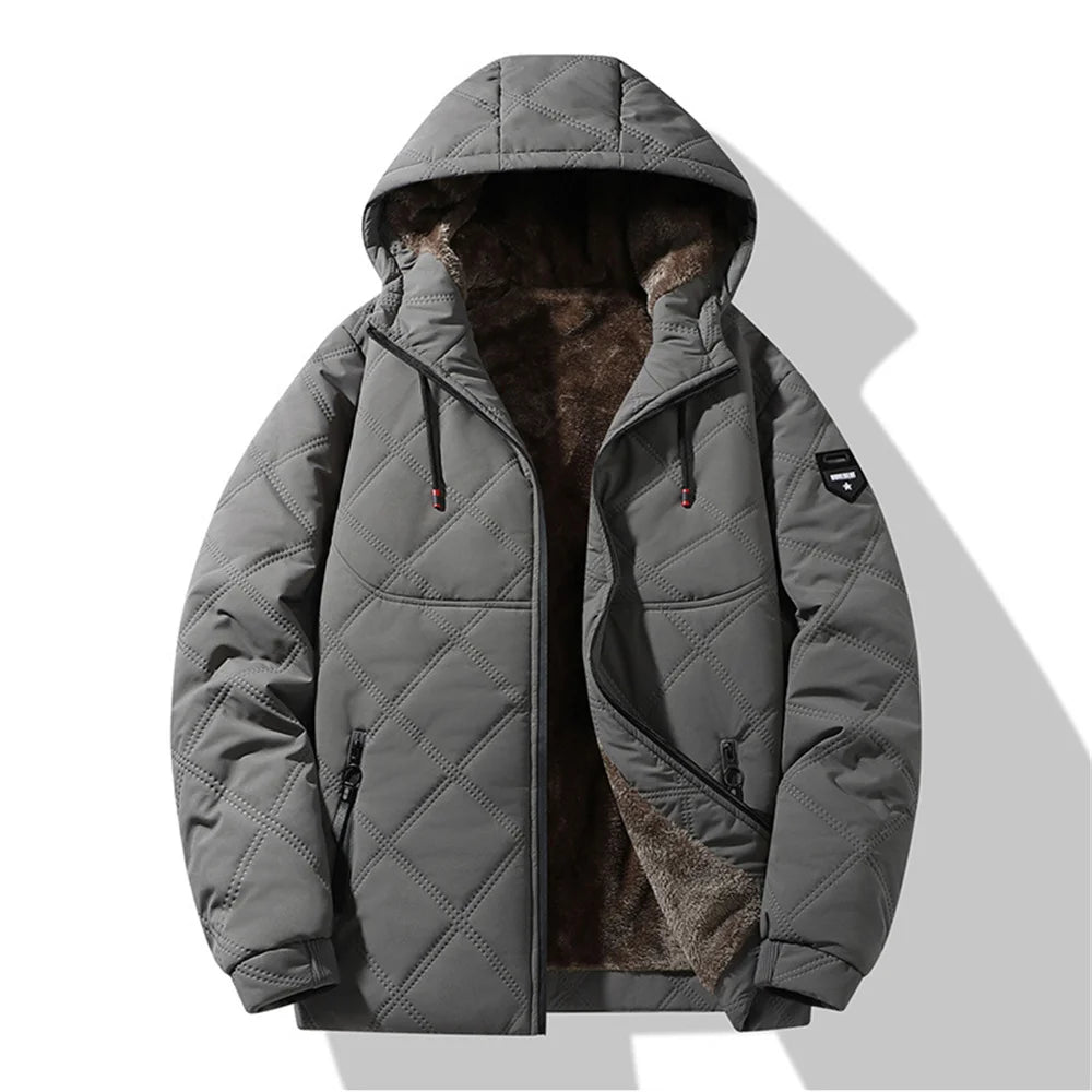 Winter Windproof Thermal Diamond-Pattern Fleece-Lined Thickened Cotton Coat Business Casual Hooded Jacket Fashionable Menswear