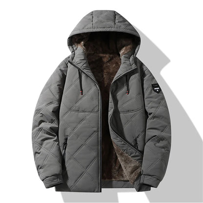 Winter Windproof Thermal Diamond-Pattern Fleece-Lined Thickened Cotton Coat Business Casual Hooded Jacket Fashionable Menswear