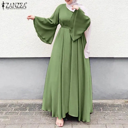 Frauen Lerisure Muslimischen Lange Kleid Übergroßen Vestidos ZANZEA 2023 Sommer Frühling Flare Ärmeln Soild Weibliche Türkische Robe Abaya.