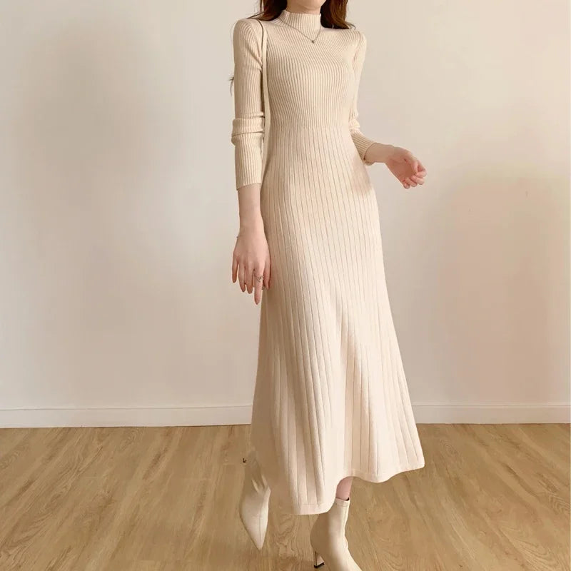 Herbst Winter 2023 Schlank Langarm Party Midi Kleid für Frauen Gestrickte Halb Hohen Kragen Elegante Gestrickte Pullover Kleider Damen.