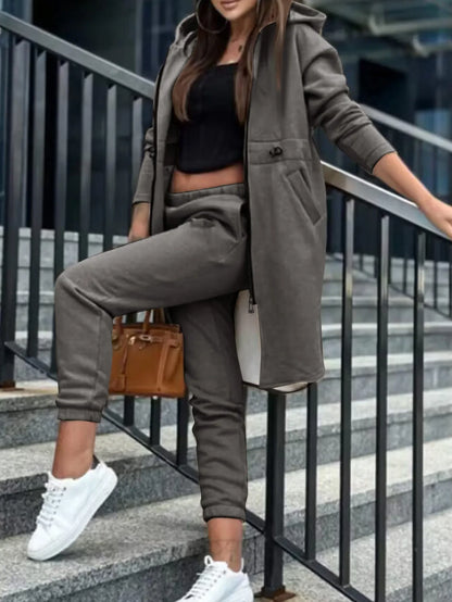 Autumn Winter New Women's Hooded Jacket Trousers Suit Casual Everyday Joker Two-Piece Set.