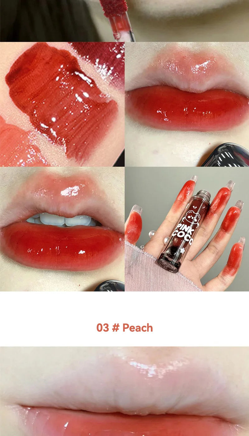PINKCOCO Bear Doodle Mirror Lip Glaze — Long-Lasting Shiny Lip Gloss, Student-Friendly, Skin-Brightening Nude Lipstick.