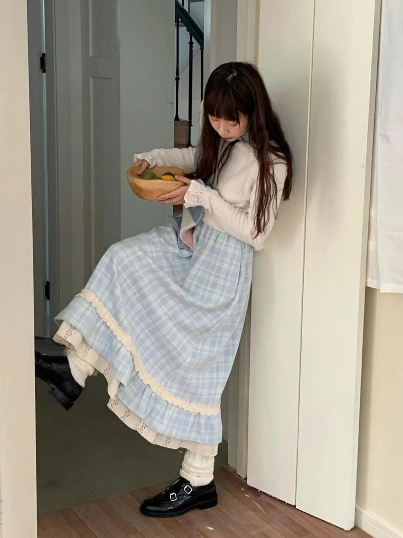 Japanese Sweet Long Skirt Women Fall Winter Blue Plaid Vintage Preppy Patchwork Skirts High Waist A Line Loose Casual Cute Skirt.