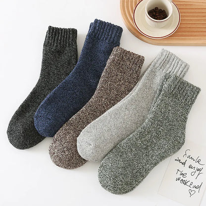 5 pairs of men's mid-calf thick winter fleece-lined thermal terry socks, blended cashmere solid color towel socks.