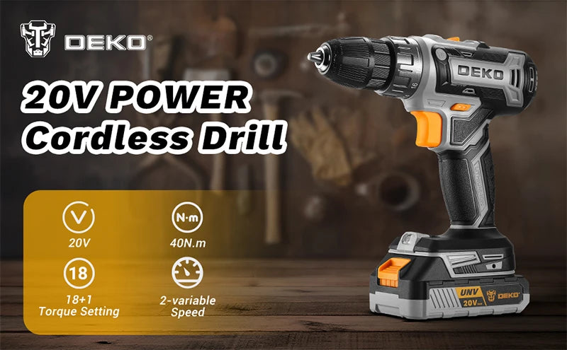 Die 20-V-Akku-Bohrmaschine von DEKO verfügt über zwei Wechselgeschwindigkeiten. 18+1 Drehmomentschraubendreher. 29-teiliges Bohrset mit 1,5-Ah-Akku und Ladegerät