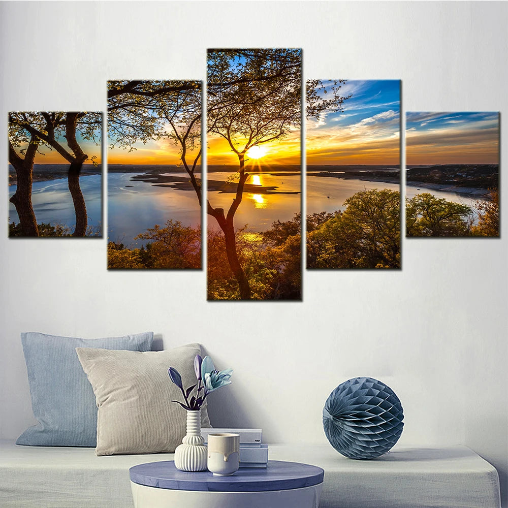 5 Panel Canvas Wall Art For Living Room Beautiful Sunrise Nature Landscape Hd Painting Picture Modern Home Decoration Frame.