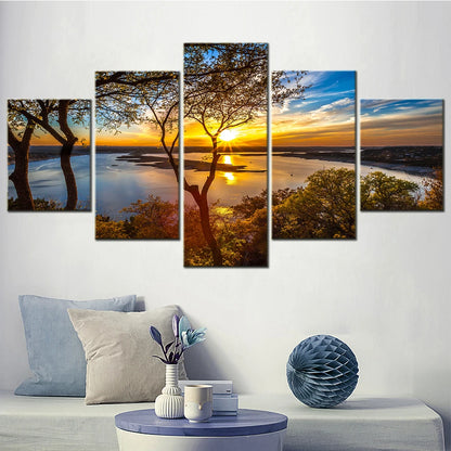 5 Panel Canvas Wall Art For Living Room Beautiful Sunrise Nature Landscape Hd Painting Picture Modern Home Decoration Frame.