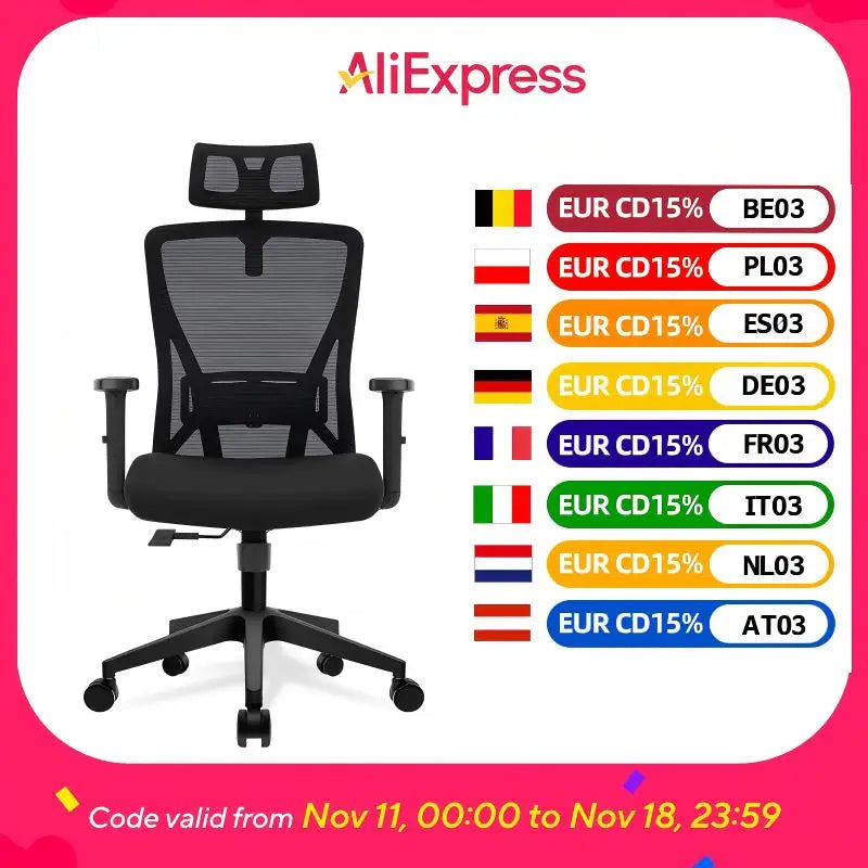 Durrafy Ergonomischer Bürostuhl, drehbarer Arbeitsstuhl mit verstellbarer Lordosenstütze und Armlehnen, für Home-Office-Gaming