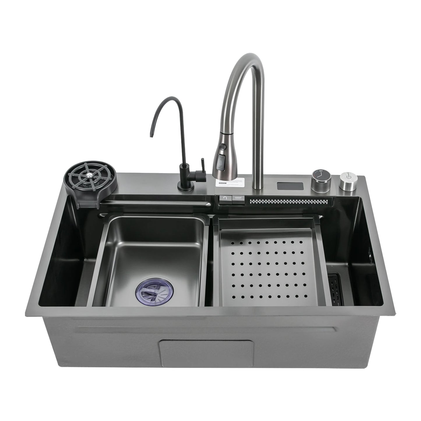 75 * 46 cm Edelstahl-Wasserfall-Küchenspüle mit ausziehbarem Wasserhahn, Seifenspender, Tassenwascher