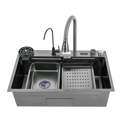 75 * 46 cm Edelstahl-Wasserfall-Küchenspüle mit ausziehbarem Wasserhahn, Seifenspender, Tassenwascher