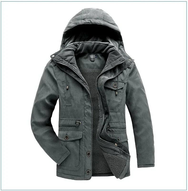 Men's Jacket WINTER USA SIZE Large SIZE Lamb Fleece JACKETS Hooded Cotton Thickened Multi Pocket Casual Mid length Coat