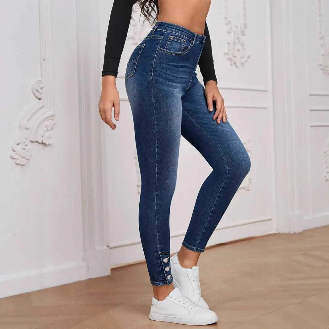 Elastic Women's Jeans Nine-Piece Buttoned Slim Fit Blue Polypropylene Women's Pencil Pants Tight-Fit Trousers.
