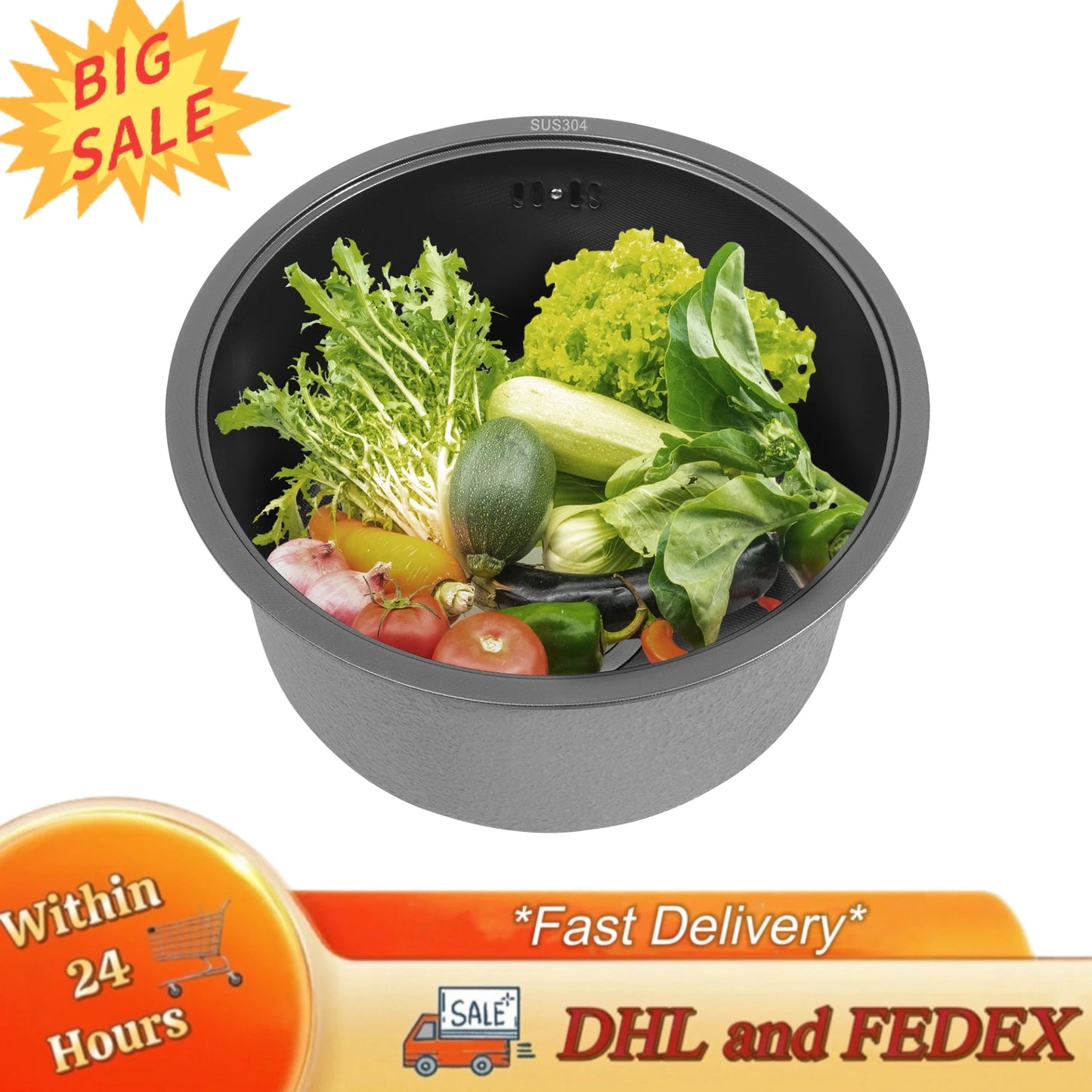 Rundes Küchenspüle aus Edelstahl 304, hitzebeständiges Küchenspüle, Einzelbecken, schnelle Entwässerung zum Geschirrspülen von Gemüse